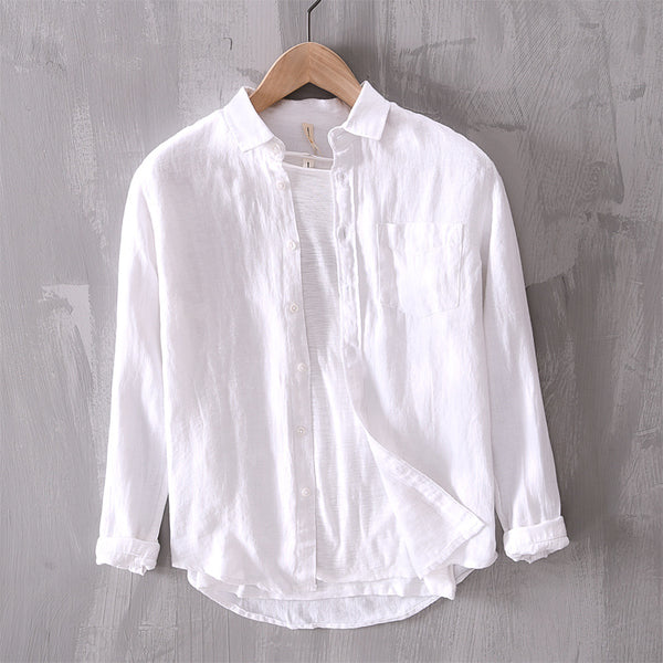Camisa Casual de Manga Larga en Algodón y Lino para Hombre