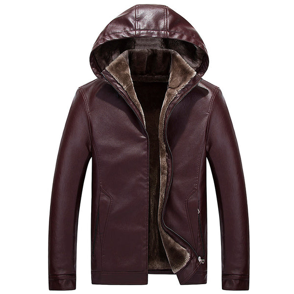 Chaqueta de Cuero PU con Capucha y Forro Polar Grueso para Hombre - Invierno