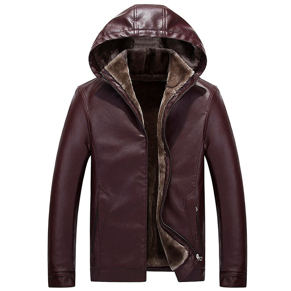 Chaqueta de Cuero PU con Capucha y Forro Polar Grueso para Hombre - Invierno