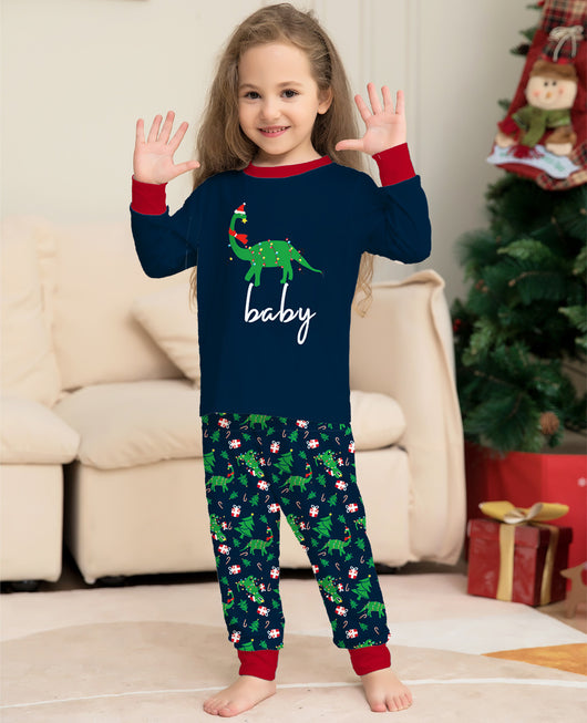 Blue baby long-sleeved pajama set with red trim, featuring a Christmas dinosaur wrapped in lights and "baby" text. - Image 12