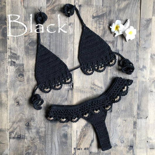 Lake green handmade crochet bikini set with gold beads, featuring a triangle top and thong bottom on wood. - Image 14