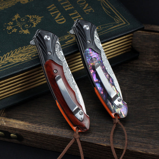 Cuchillo Plegable Outdoor Acero Damasco con Mango de Palo de Rosa - Image 4