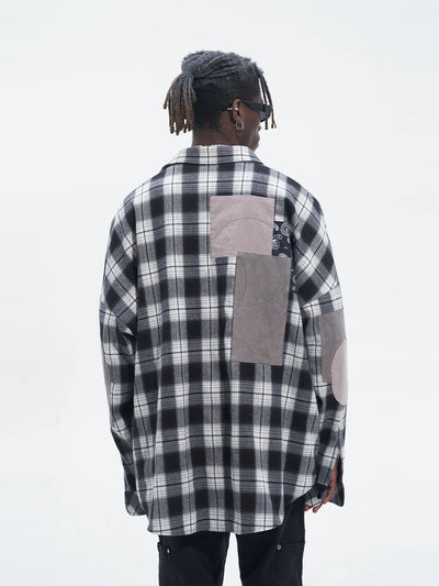 Camisa Suelta Hip Hop con Parches de Cuadros y Manga Larga - Image 11