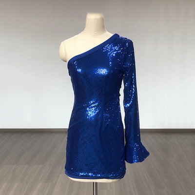 Vestido Azul con Lentejuelas en Hombros y Manga Larga Ajustado - Image 12