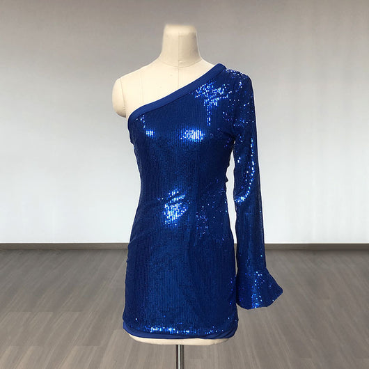 Vestido Azul con Lentejuelas en Hombros y Manga Larga Ajustado - Image 12