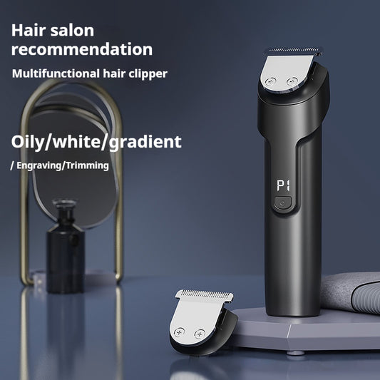 White electric hair clipper with a black top, silver blade, digital display, and power button on a dark base.