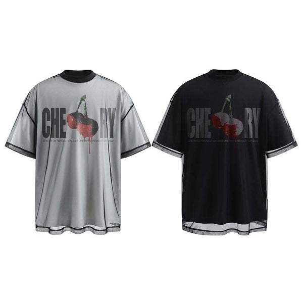 Camiseta Hombre Estampado Cereza Diseño Letras - Doble Capa Manga Corta