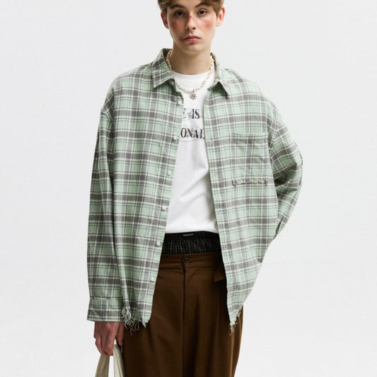 Camisa a Cuadros Unisex Estilo Americano Otoñal con Bordes Deshilachados