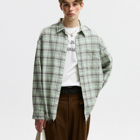Camisa a Cuadros Unisex Estilo Americano Otoñal con Bordes Deshilachados