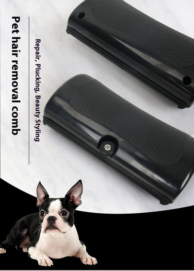 Black HistoTree animal deshedding comb with a textured grip, shown next to its white and green retail box. - Image 13