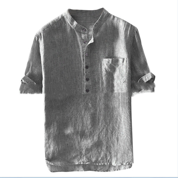 Camisa Casual de Hombre con Cuello Alzado y Rayas Lavadas