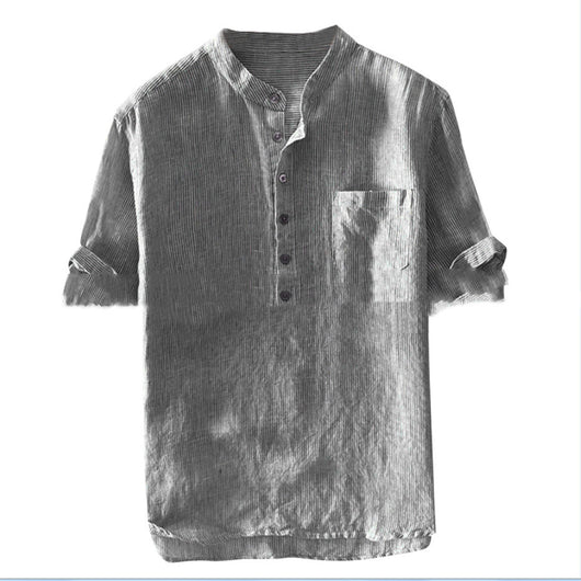 Camisa Casual de Hombre con Cuello Alzado y Rayas Lavadas - Image 2