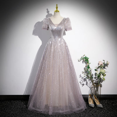 Vestido Princesa Francés Escote en V Plateado para Mujer