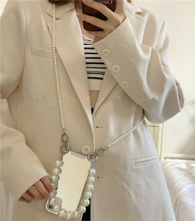 Funda Crossbody de Espejo Helado con Cadena de Perlas