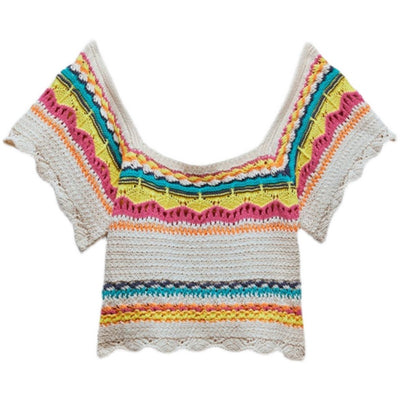 Blusa Tejida Colorblock a Rayas con Mangas Cortas Caladas - Image 3