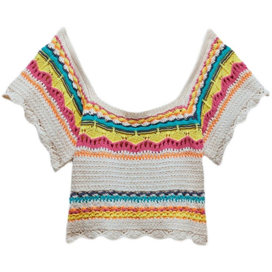 Blusa Tejida Colorblock a Rayas con Mangas Cortas Caladas - Image 3