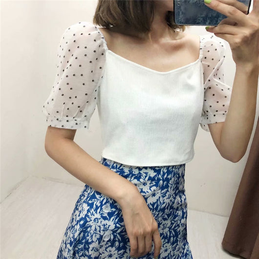 Blusa Estampado Lunares con Costuras Combinadas para Mujer