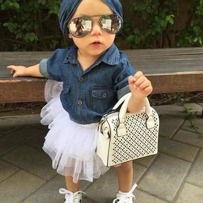 Conjunto de 3 Piezas Infantil Otoño: Blusa Denim, Falda Leopardo y Diadema - Image 7