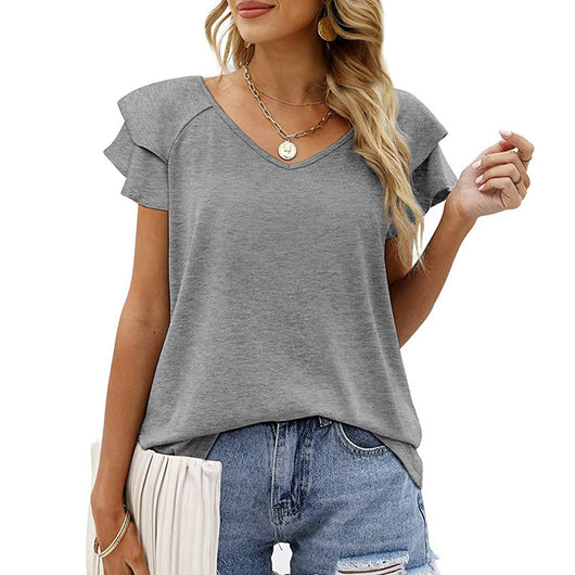 Blusa Cuello V Doble Capa Hoja de Loto Manga Corta para Dama - Image 17