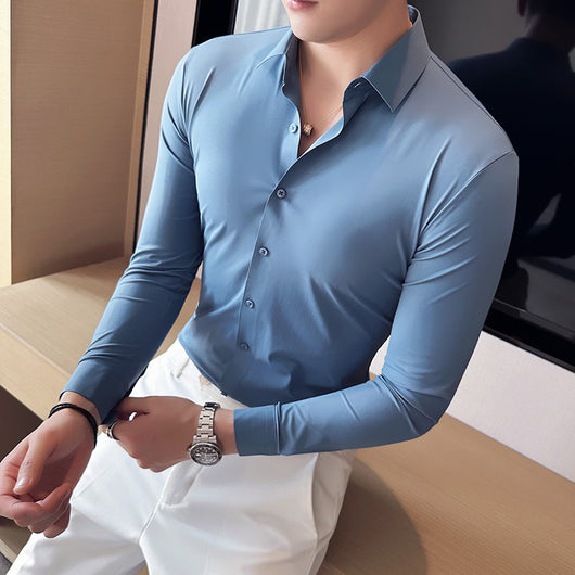 Camisa Ejecutiva Coreana Slim Fit de Punto Elástico para Hombre - Image 2