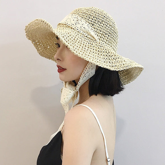 Sombrero de Paja Plegable Estilo Coreano con Encaje