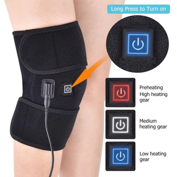 Black electric heating knee pad with power and temperature controls, designed for warmth and physical therapy.