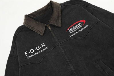 Chaqueta de Lona Retro con Cuello Solapa y Bordado de Alfabeto Americano - Image 15