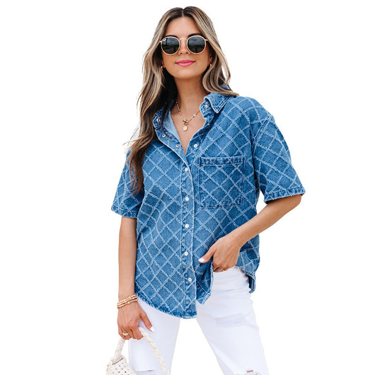 Camisa de Mezclilla con Estampado Cuadros para Mujer - Image 5