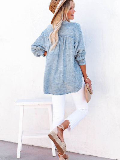 Blusa Suelta de Manga Larga con Cuello y Botones Decorativos - Otoño - Image 14