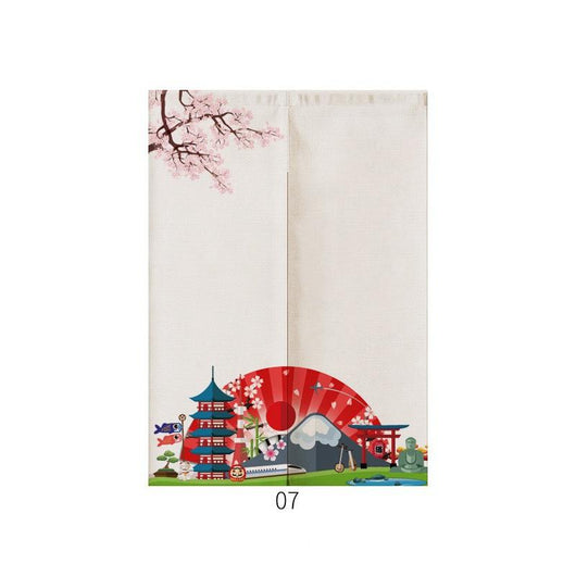 Japanese style noren door curtain with two red and blue Ukiyo-e koi fish on a cream wave pattern background. - Image 8