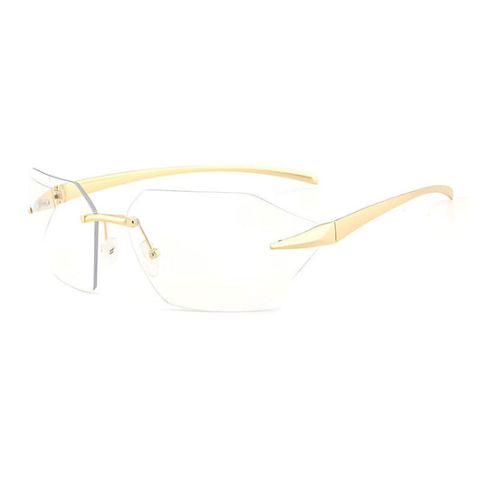 Trendy women's rimless cat-eye sunglasses with silver mirrored lenses and gold-colored metal temples. - Image 6