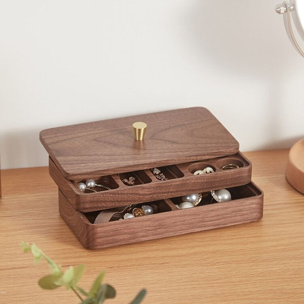 Caja de Almacenamiento Doble para Joyas de Nogal