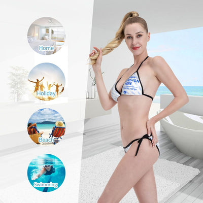 Women's two-piece bikini with a white and light blue diamond pattern, black trim, and tie-side bottoms. - Image 17