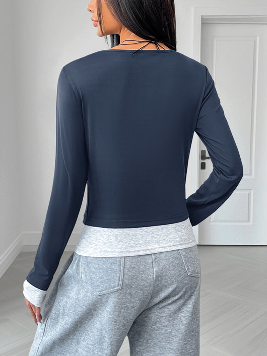Blusa Casual Cuello Redondo Ajustada Manga Larga Efecto Dos Piezas para Mujer - Image 14