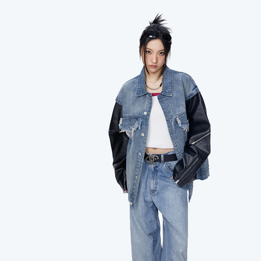 Chaqueta Denim Oversize con Detalles de Patchwork