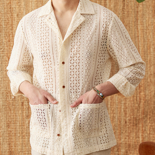 Camisa de Cuello Cubano Hueco de Algodón Manga Larga - Image 12