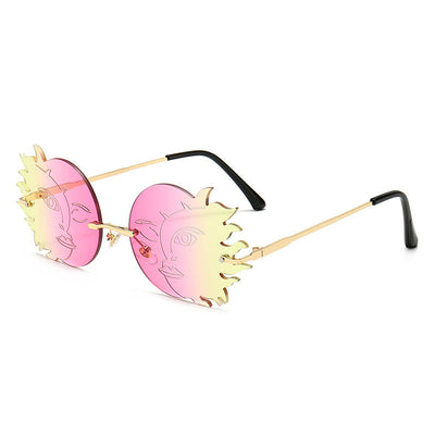 Orange sun-shaped rimless sunglasses with gold metal frames and black earpieces, featuring a smiling face design. - Image 4
