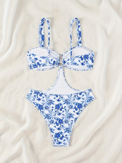 Blue and white floral one-piece swimsuit with a V-bar detail and side cut-outs, perfect for summer. - Image 18