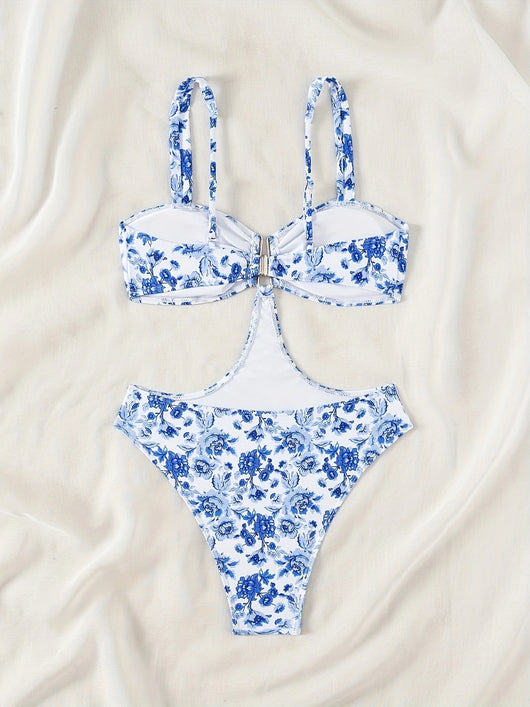 Blue and white floral one-piece swimsuit with a V-bar detail and side cut-outs, perfect for summer. - Image 18