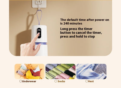 White and blue mini household air dryer with a digital display and hanging loop, shown next to a gold smartphone. - Image 13