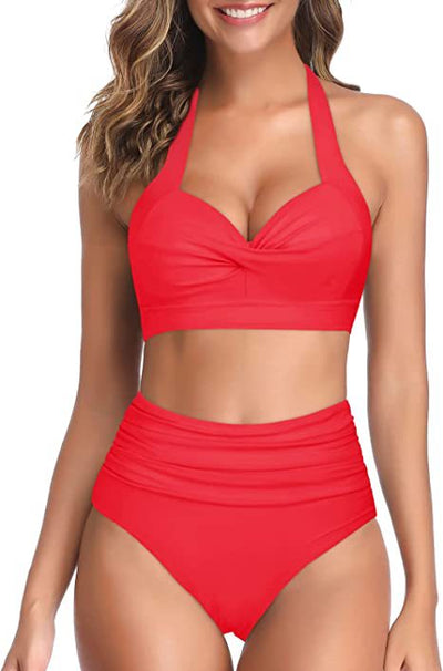 Bright yellow two-piece bikini with a halter neck top featuring a twisted bow and high-waisted ruched bottoms. - Image 10