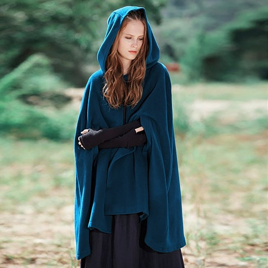 Poncho Capa de Lana con Capucha y Botones Oversized para Mujer