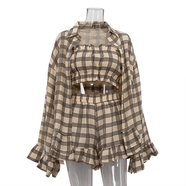 Conjunto Retro de 3 Piezas: Camisa Cuadros Manga Larga, Top Tubo y Shorts - Image 6