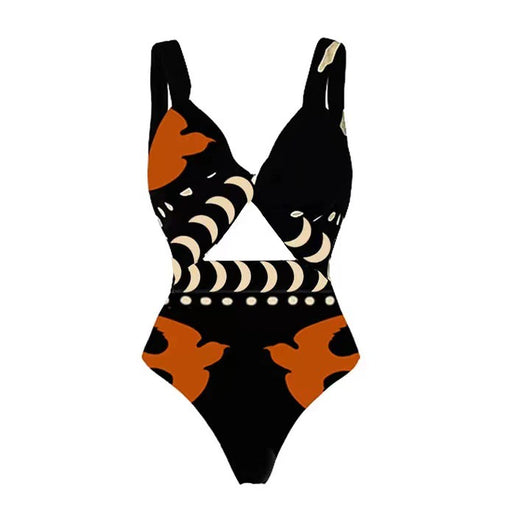 Black one-piece swimsuit with an asymmetrical top and matching long skirt, featuring a tropical palm tree and bird print. - Image 20