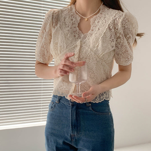 Blusa de Encaje Elegante con Temperamento Francés para Mujer - Image 6