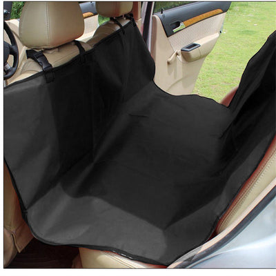 Black Oxford cloth pet car seat cover installed in a car's back seat, forming a hammock to protect upholstery. - Image 2