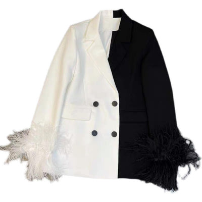 Blazer de Primavera Color Block Negro y Blanco con Detalles en Pluma de Avestruz - Image 6