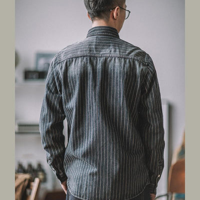 Camisa Denim Vintage a Rayas Verticales Manga Larga para Hombre - Image 4