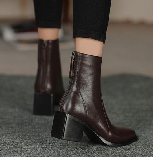 Botines de Cuero con Tacón Grueso y Punta Cuadrada para Mujer - Image 2