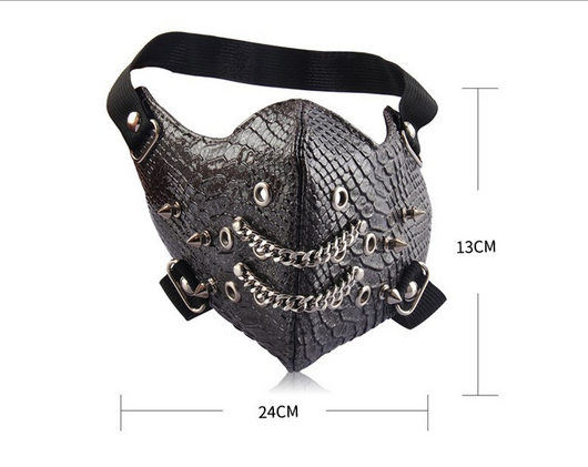 Black leather half-face mask with silver studs and grommets, featuring elastic head straps. - Image 7